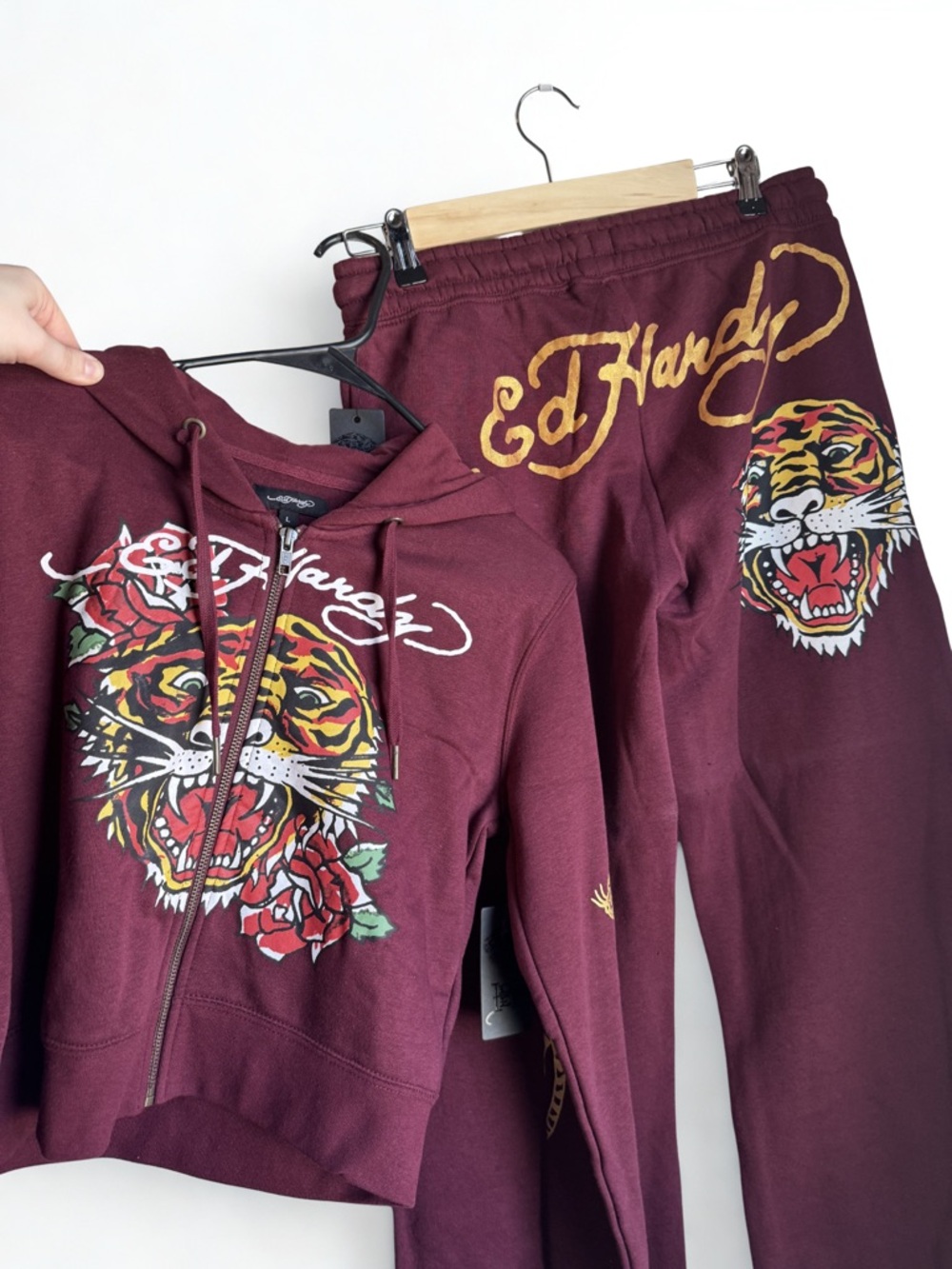Ed Hardy Maroon Tiger Graphic Hoodie & Joggers Set